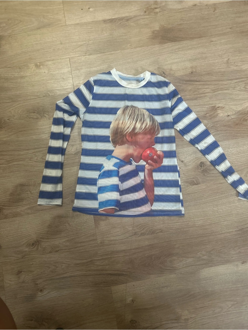 Blue & White Striped Long Sleeve Top with Boy Graphic
